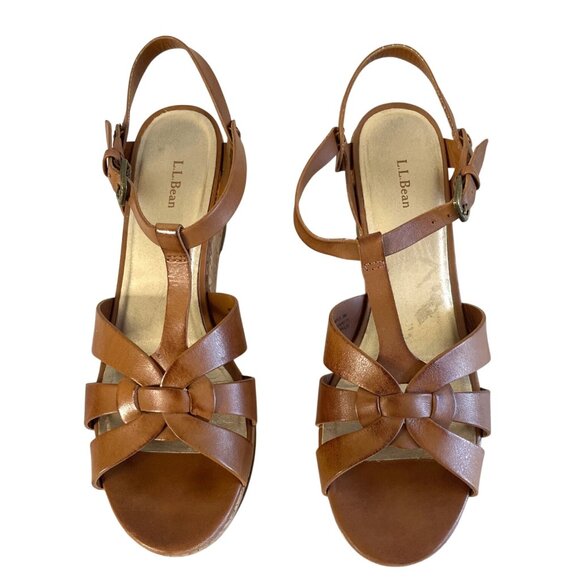 L.L. Bean Womens Cork Wedge Sandals Sz 8M Brown Leather Adjustable Straps Brazil - Picture 9 of 11